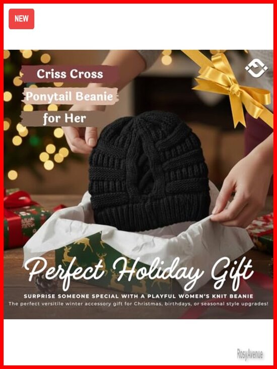 Criss Cross Ponytail Beanie for Women - Warm Winter Knit Hat with Ponytail Hole